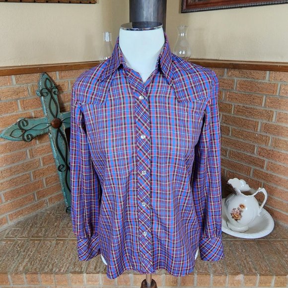 Vintage 1970s Shirley of Atlanta Blue Plaid Pearl Snap Western Blouse Size 32 M - Picture 2 of 5
